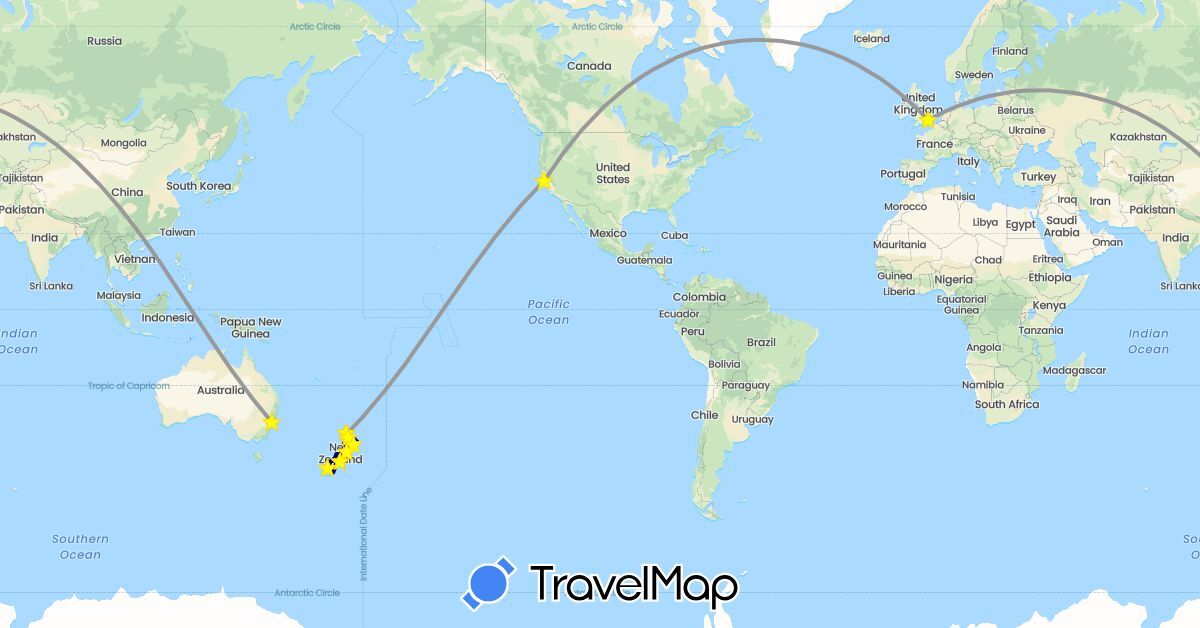 TravelMap itinerary: driving, plane in Australia, United Kingdom, New Zealand, United States (Europe, North America, Oceania)